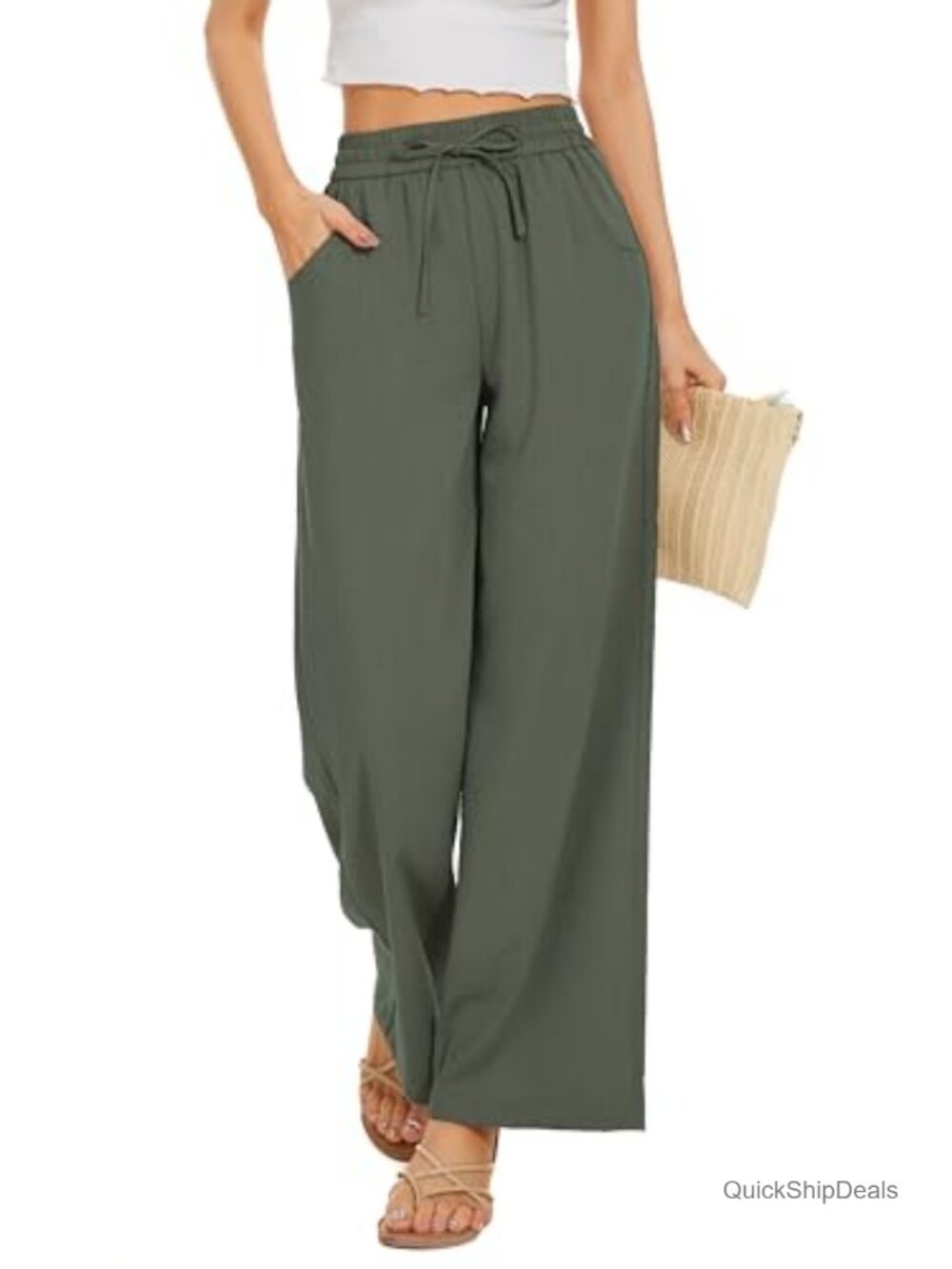 Flowy Wide Leg Palazzo Pants with Pockets High Rise Stretchy Viscose Blend